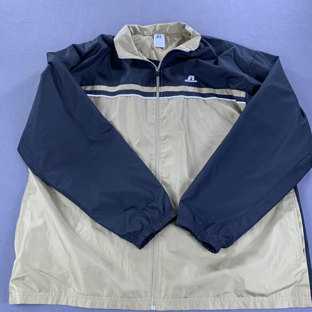 Russell Athletic Jacket Mens XL Tan Black Colorblock Full Zip Windbreaker Track - Picture 3 of 15